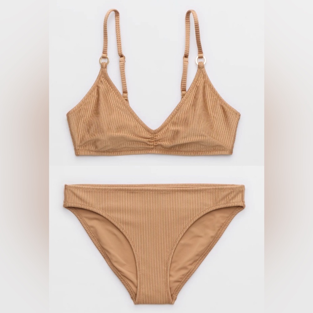 NWT Aerie FULL SET Beach Babe Shine Rib Voop Top + Full Coverage Bottom Tan